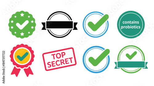 Diverse set of quality approval top secret and probiotic checkmark badges and labels