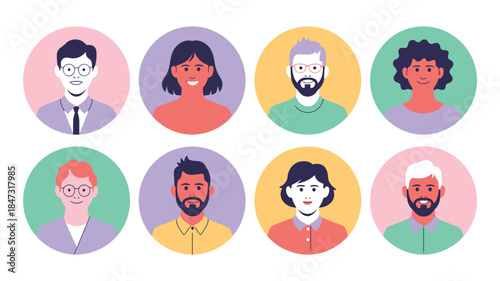 Eight diverse circular user avatars portraying various smiling men and women