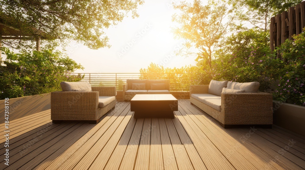 Fototapeta premium Inviting modern outdoor patio design featuring comfortable wicker furniture on a sun-drenched wooden deck