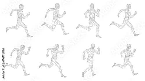 Eight gray wireframe male figures illustrate the progressive stages of a running animation sequence