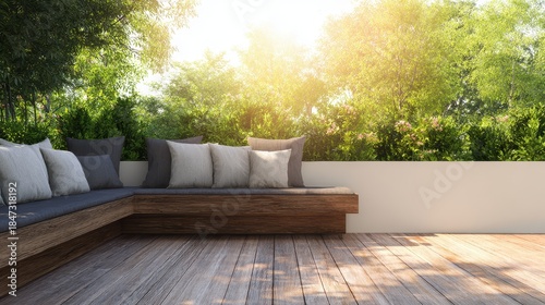 Inviting contemporary outdoor living space with wooden deck and cushioned seating under natural sunlight
