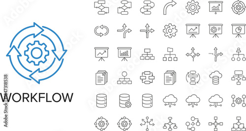 Workflow process icons with arrows, gear, data flow, system diagram, business management, analytics symbols, organization chart, productivity improvement illustration set