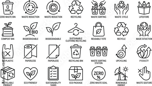 Zero waste and sustainability line icons set showing recycling, eco-friendly lifestyle, biodegradable products, waste sorting, renewable energy symbols, minimal outline design