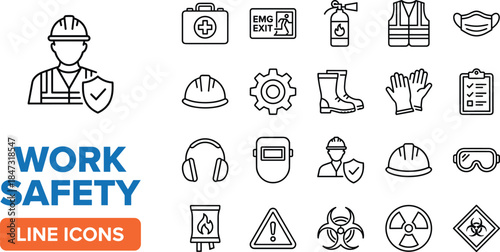 Work safety line icons collection, industrial protection symbols, personal protective equipment graphics, hazard warning signs, workplace security illustration set for safety guidelines