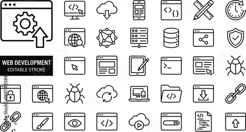 Web development outline icon set with coding symbols, software tools, cloud technology, data management, debugging, security, UI design elements