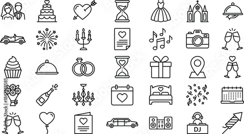 Wedding celebration line icons set, romantic event symbols, marriage ceremony illustration, love themed graphics, party decoration and reception elements vector collection