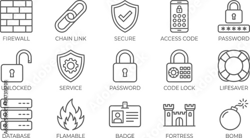 Cyber security line icons set for firewall password secure access code lock database service fortress protectionCyber security line icons set for firewall password secure