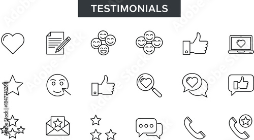 Customer testimonials icons set featuring feedback, ratings, reviews, satisfaction, communication symbols, star ratings, heart support, approval signs, client experience