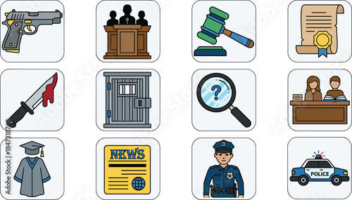 Criminal justice icons, law enforcement, courtroom scene, police officer, forensic investigation, legal education, crime scene, gavel, jail, media coverage