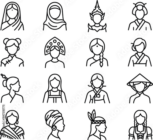 Cultural diversity line icons set, with traditional women portraits ethnic costumes global heritage symbols vector illustration