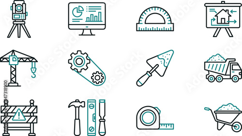 Construction tools and engineering equipment line icons set for building measurement planning renovation vector illustration