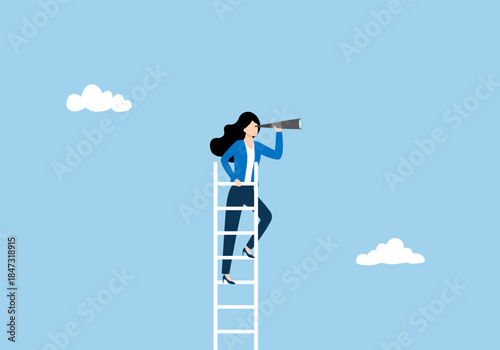 Business vision concept. Businesswoman standing on ladder holding spyglass. Symbol of new opportunities, career ladder, visionary, success, promotion vector illustration.