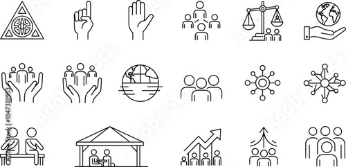 Community icon set, global unity, social interaction, teamwork, support, justice, collaboration, growth, minimal line style, vector symbols