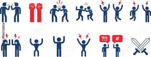 Conflict resolution icons set showing argument, anger, disagreement, communication issues, emotional stress, fighting symbols, tension, dispute and problem-solving illustration
