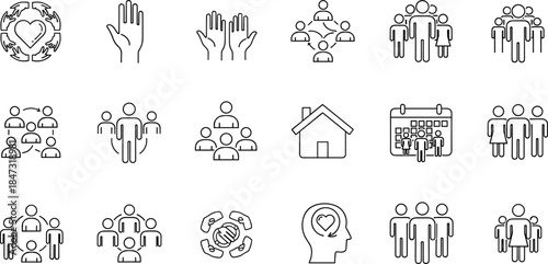 Community care and family support line icons set, social unity teamwork charity people connection outline vector illustration