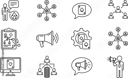 Communication icons, gaming symbols, network diagrams, speech bubbles, megaphone, online gaming, team structure, marketing, vector line art, minimal design