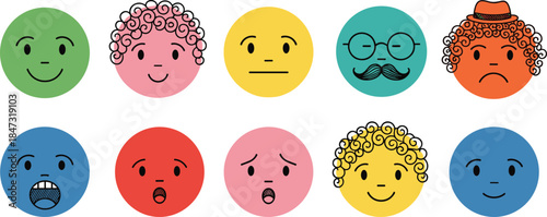 Colorful expressive emoji face icons showing various emotions, character expressions, mood symbols, cartoon avatars for communication and illustration design