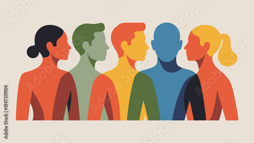 Five diverse colorful stylized human profiles standing in a line on a neutral background