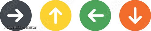Colorful directional arrow icons in circular buttons for navigation, interface design, UI indicators, forward, backward, up, down symbols, vector graphic set