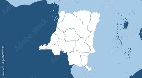 A white political map of the Democratic Republic of Congo with its provinces outlined, set against a blue background map.
