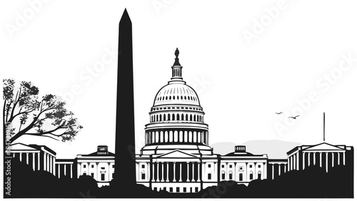 Washington dc skyline showing us capitol building and washington monument in striking black and white  perfect for travel magazines and patriotic designs.