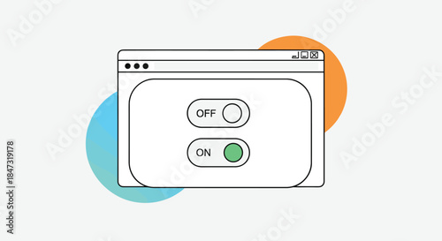 A minimalist browser window showing ON and OFF toggle switches, with one selected, against a background of colorful circles.