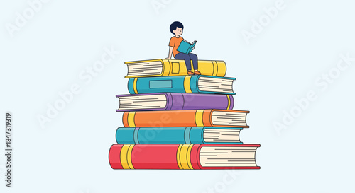 An illustration of a young person sitting and reading on top of a large, colorful stack of books against a blue background.