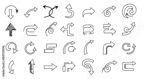 Large collection of hand-drawn doodle arrows in various shapes and directions, isolated on a white background for design projects.