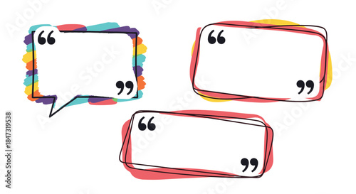 Set of three hand-drawn quote boxes with colorful painted brush stroke borders and quotation marks for testimonials or messages.