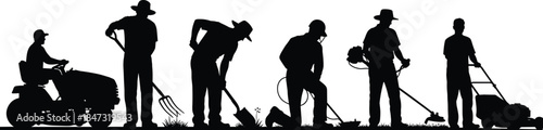 Black Silhouette Gardeners Landscapers Working Lawn Mowing Trimming Digging Yard Work Maintenance Shovel Tractor Tools, Vector Illustration