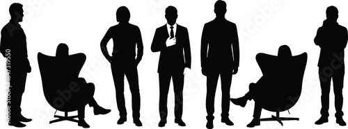 Business Men and Lounge Chairs Silhouettes, Vector Collection of Male Figures, Standing, Sitting, Corporate Attire, Full Length, Black Shape.