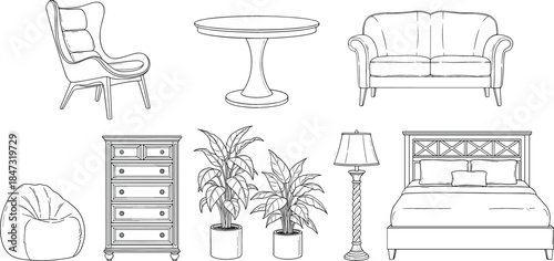 Line Art Vector Icon Set of Furniture and Home Decor, Including Sofa, Chair, Table, Bed, Lamp, and Household Items