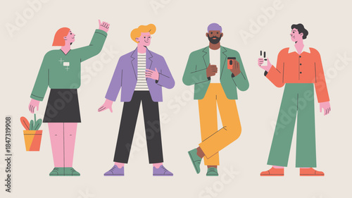 Four diverse individuals standing confidently in various poses wearing modern flat style outfits