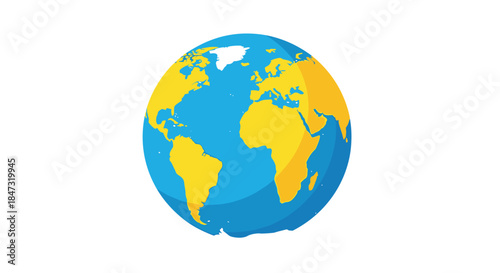 Simple flat cartoon illustration of planet Earth with yellow continents and blue oceans, showing Africa, Europe, and Asia.