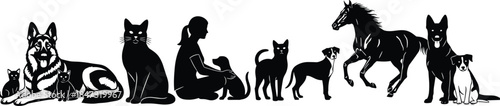 Domestic and Wild Animal Silhouettes Collection, Vector Set of Dogs, Cats, Horse, Woman, Pets, Mammals, Veterinary, Companion, Black Shape.