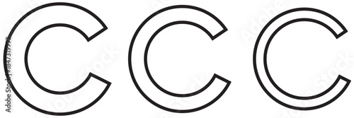 Set of eight copyright symbol variations, vector collection, round C icons, black and white designs, concentric rings, bold and thin strokes, modern and classic