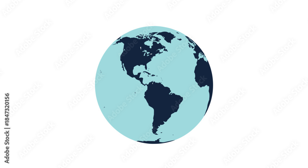 Fototapeta premium Simple two-color illustration of planet Earth showing the Americas, with dark blue continents and light blue oceans on white.