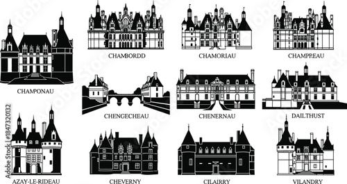 Famous French Castles and Chateaux Silhouettes Set, Vector Collection of European Historical Architecture, Landmark, Travel, Tourism, Black Shape.