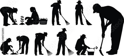 Gardening and Farming People Silhouettes Set, Vector Collection of Men and Women Working, Planting, Raking, Digging, Full Body View, Black Shape.