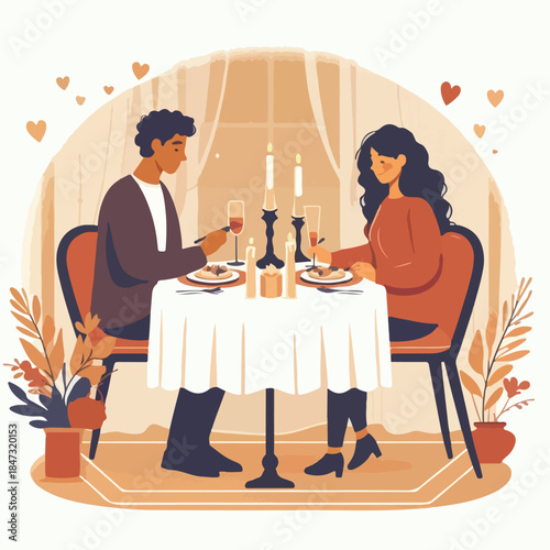 Romantic dinner date scene, flat vector illustration, candlelight setting, warm solid colors