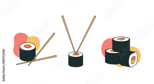 Set of three illustrations of sushi maki rolls with chopsticks, styled with colorful abstract shapes for a modern Japanese food design.