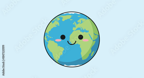 Adorable kawaii cartoon of planet Earth with a happy smiling face and rosy cheeks, promoting environmental love and care.