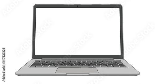Clean, modern illustration of an open laptop computer with a blank white screen, presented in a realistic, detailed style.