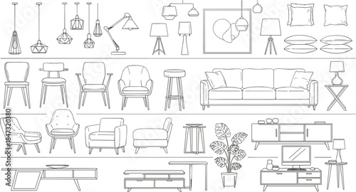 Large set of interior furniture and lighting line art vectors, including chairs, sofas, lamps, and tables, isolated on white.