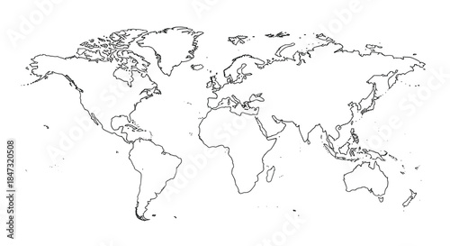 Simple black and white outline map of the world, showing all continents for educational, business, or travel related projects.