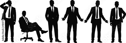 Professional Business Men Silhouettes Set, Vector Collection of Male Figures in Suits, Standing, Sitting on Office Chair, Full Length, Black Shape.