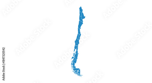 A blue silhouette map of Chile with its internal regional divisions shown, isolated on a plain white background for design use.