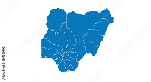 A blue silhouette map of Nigeria showing the borders of its states, isolated on a white background for design and infographics.
