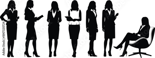 Professional Business Women Silhouettes and Modern Chair Set, Vector Collection of Female Figures, Standing, Sitting, Corporate Attire, Full Length.