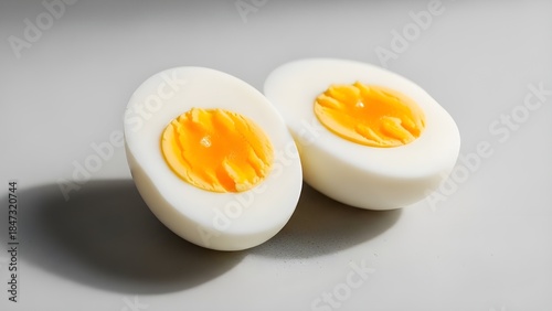 A closeup of a fresh broken raw egg with a vibrant yellow yolk and shell isolated on a white background for a healthy breakfast meal